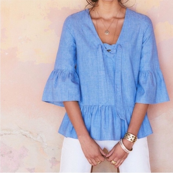 Sezane Anita Chambray Top Lace Up Denim Blouse Bell Sleeve Peplum Size 42 US 10 - Picture 16 of 16